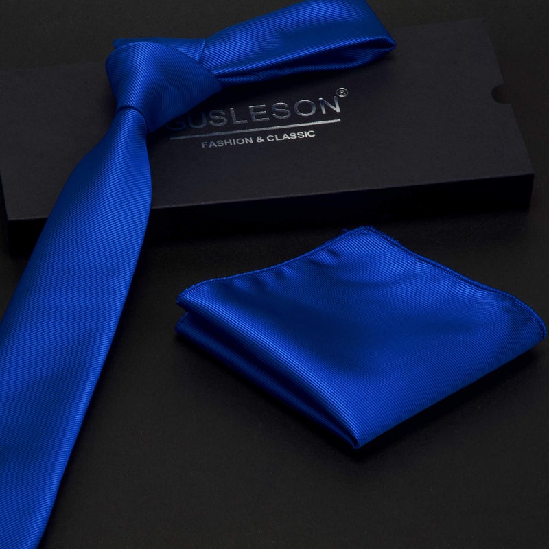 GUSLESON 2.4" Royal Blue Skinny Tie Solid Formal Slim Necktie and Handkerchief Set For Men (0754-07) - Image 2